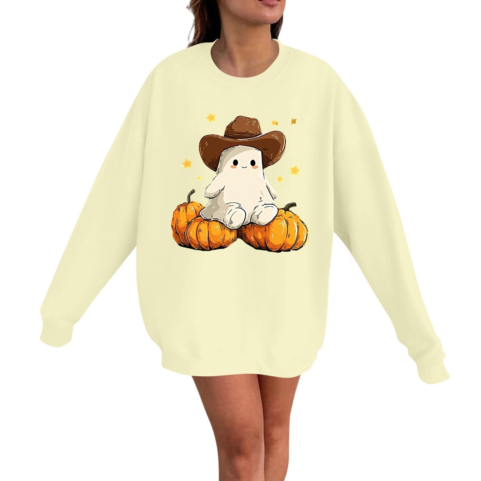 

Женский повседневный модный пуловер с длинным рукавом и принтом на Хэллоуин, с круглым вырезом XL жёлтый