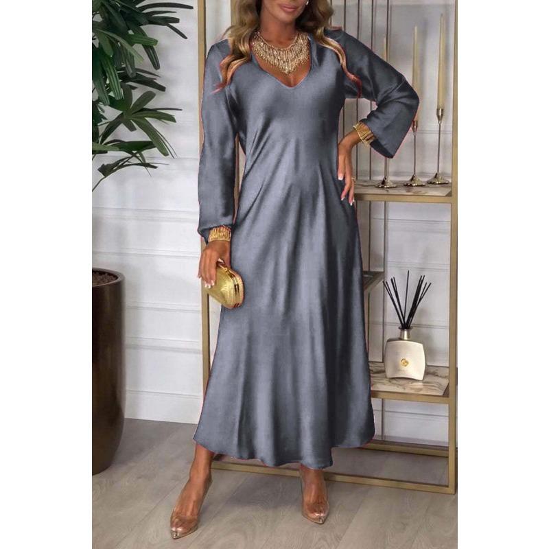 YYFS Moda damska Wiosna Jesień Jednolity kolor Nadruk Długi rękaw Dekolt w serek Luźna talia Sukienki codzienne