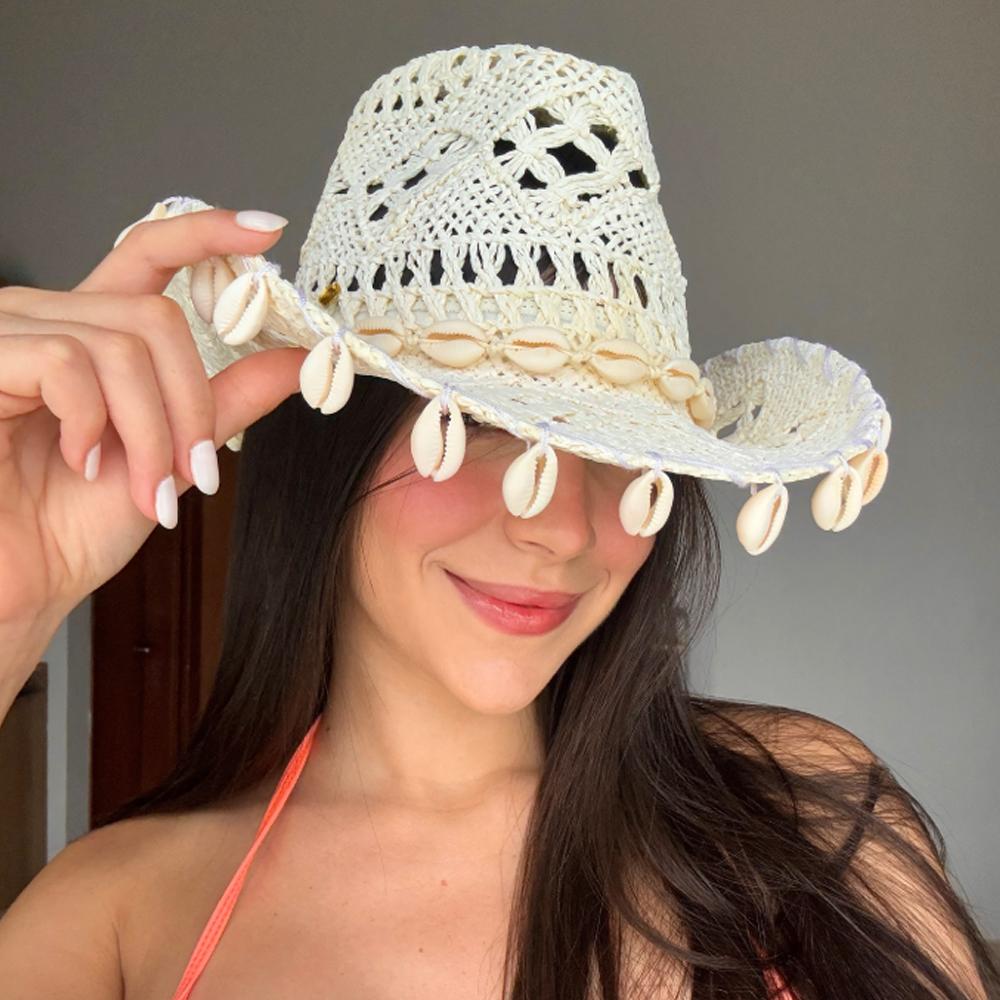 

New summer bohemian style straw cowboy hat for women adorned with seashellswide-brimmed sun hat outdoor beach vacation hatcowboy S56-58cm