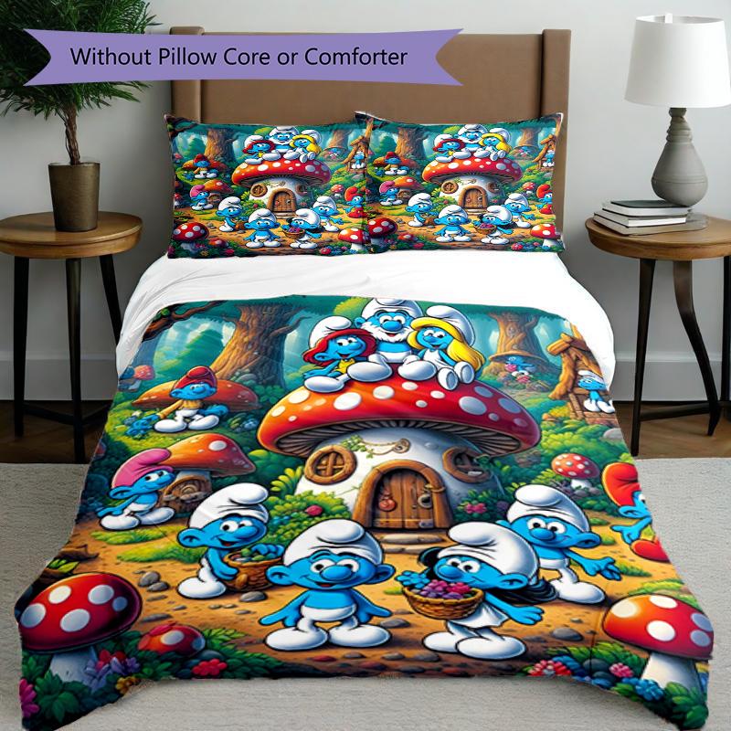 3pcs Duvet Cover Set (1*Duvet Cover + 2*Pillowcase, Without Core), Blue Smurfs Print Bedding Set, Bedroom Decor, All‑Season, Birthday Gift