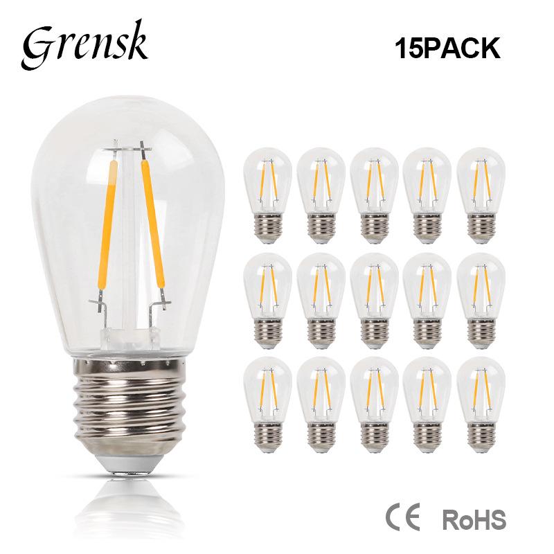 S14 Waterproof LED Edison Filament Bulb, 2700K Warm Light, E27, Energy-Saving ST45 Spare for String Lights