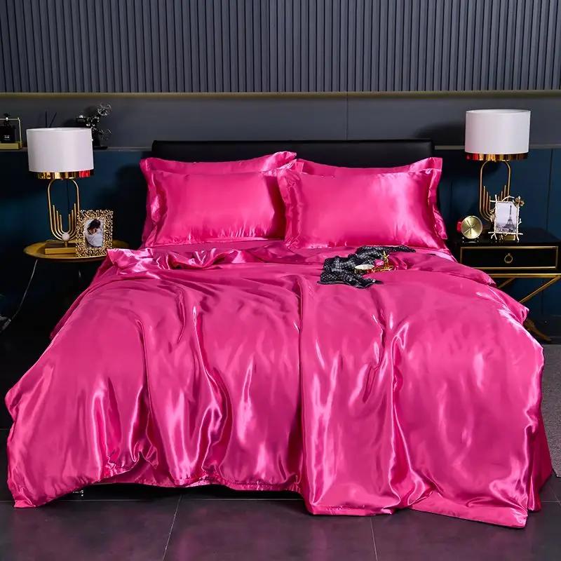 Nordic Satin Silk Bedding Set with Duvet Cover Bed Sheet Pillowcases Luxury Solid Single Double Couple Pillow Case Bedsheet