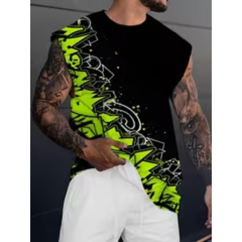 Men s Sleeveless Vest • Fluorescent Green Contrast & 3 Graffiti Splatter Star Print • Soft Breathable Lightweight Fabric • Round S