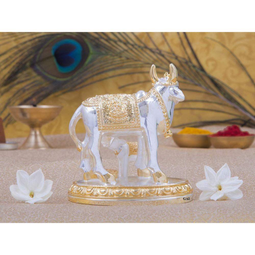 Kamdhenu Cow with Calf Idol Gold Silver Plated (Two-Tone)| Home Decor Gaay Bachda Cow |Calf for Vastu | Positive Energy