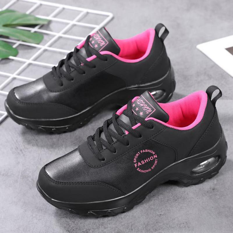 Fashion Winter Women's Leather Sneakers Black Wedge Thick Sole Platform Sneakers Women Air Cushioned Autumn Lightweight Sports Shoes