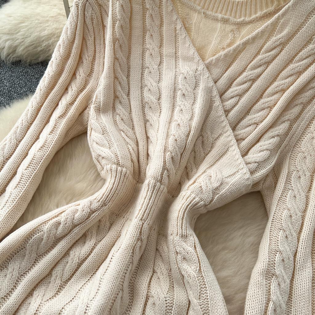 Autumn Winter Women Casual Full Sleeve Twist Knitted Sweater Short Pullover Sheath Dresses