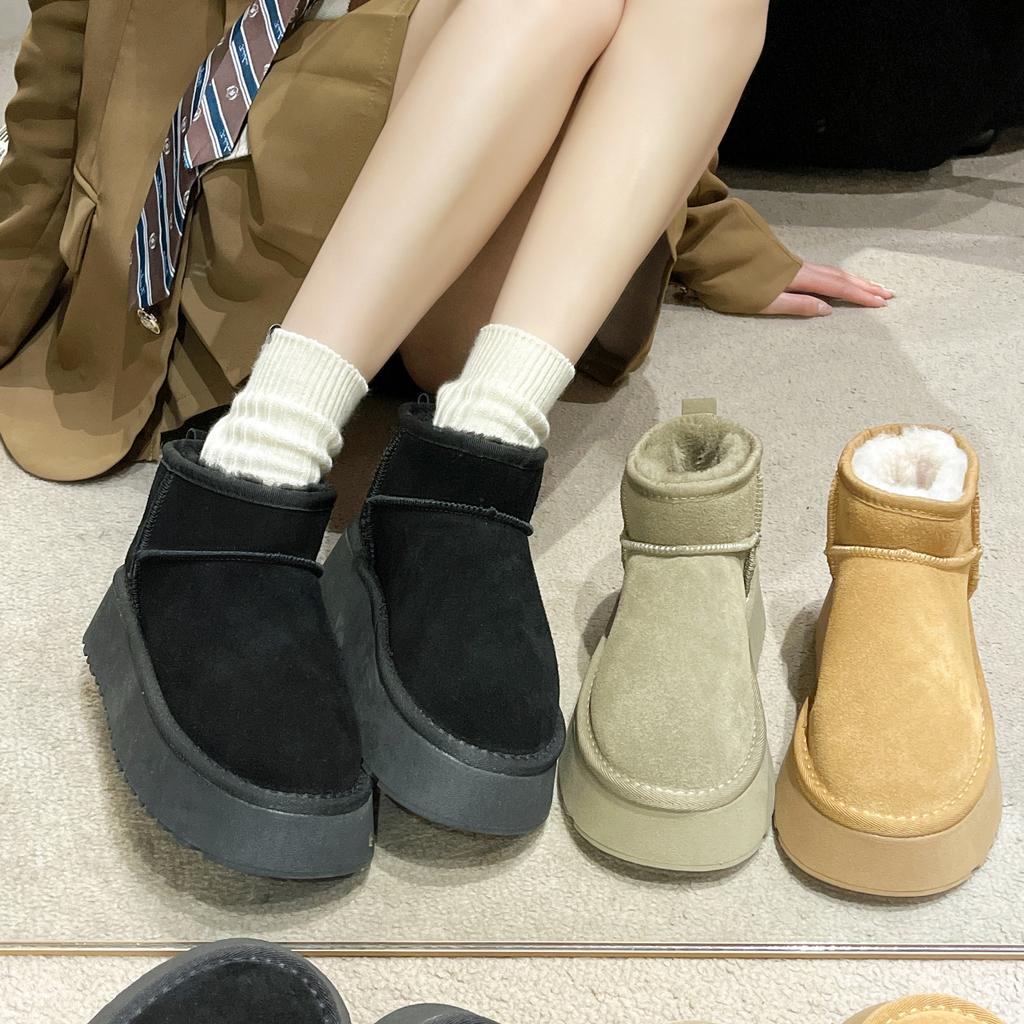 thick-soled snow boots women's winter real cowhide piled thickened bread shoes short tube student cotton shoes
