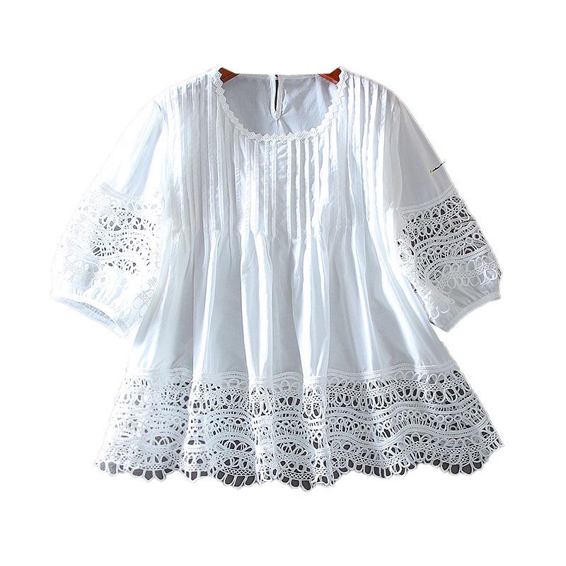 Chic Foreign Style OL Hollow Lace Ruffle Slimming A-line Shirt Top