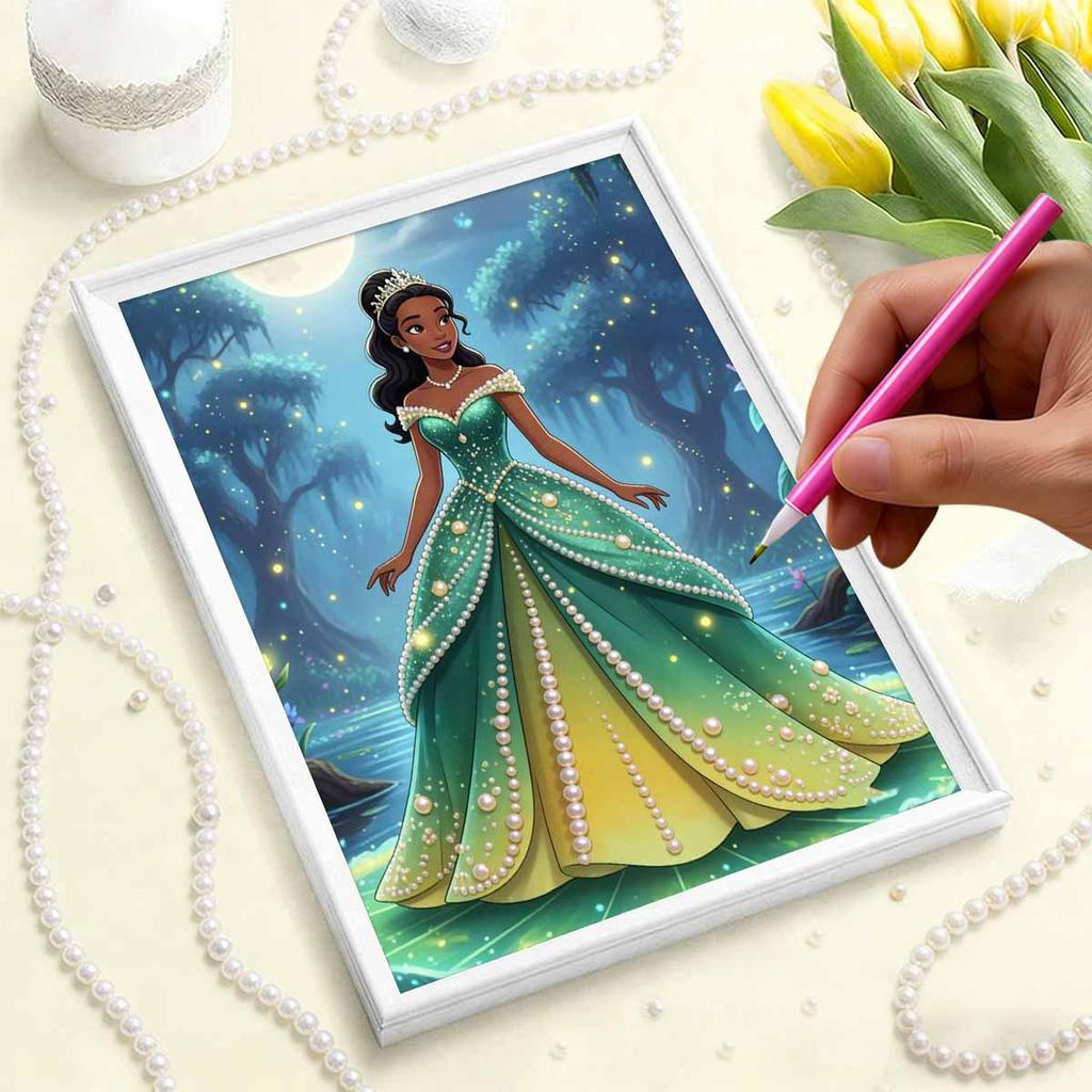 Disney Pearl Painting Princess Tiana Green Gold Gradient Skirt Creative 5D Exquisite Landscape Sparkling Craft Home Wall Decor DIY Handmade Gift