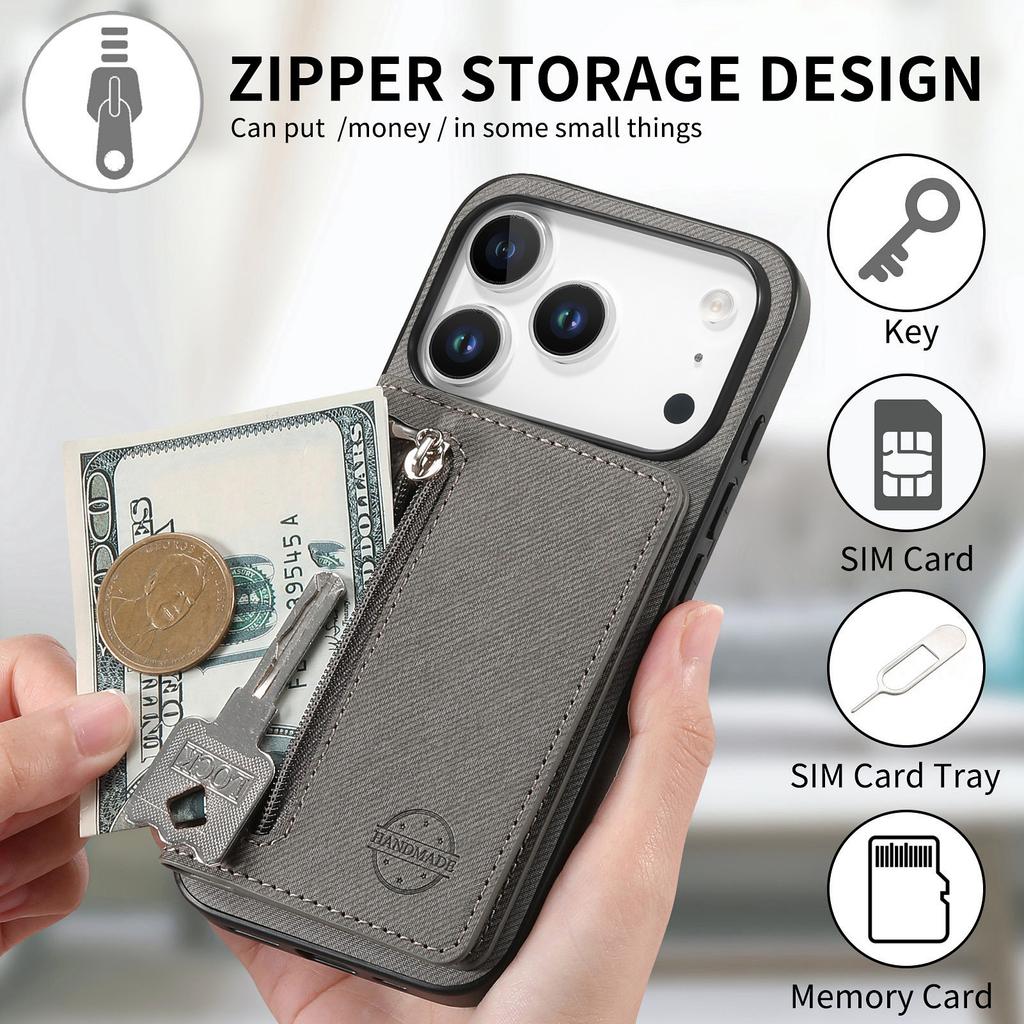 For iPhone 17 Pro Max Case Zipper Card Holder Kickstand Jeans Cloth Texture Leather Back Cover