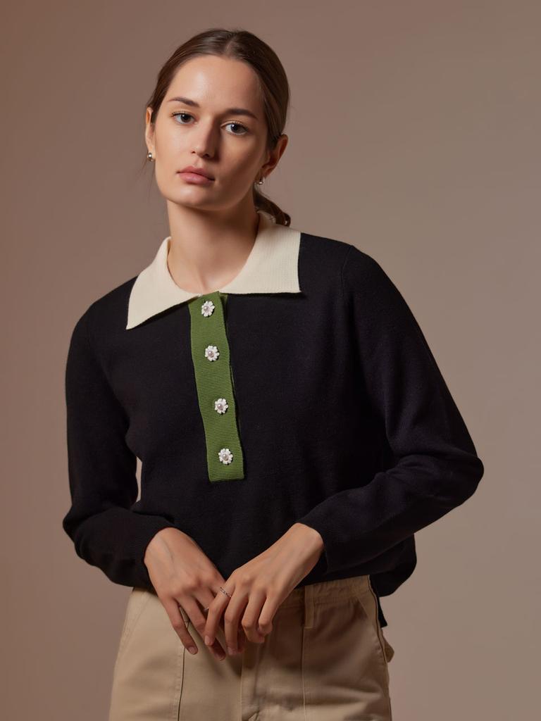 AYIHOLIC CASHMERE Single-Color Contrast Polo Knit