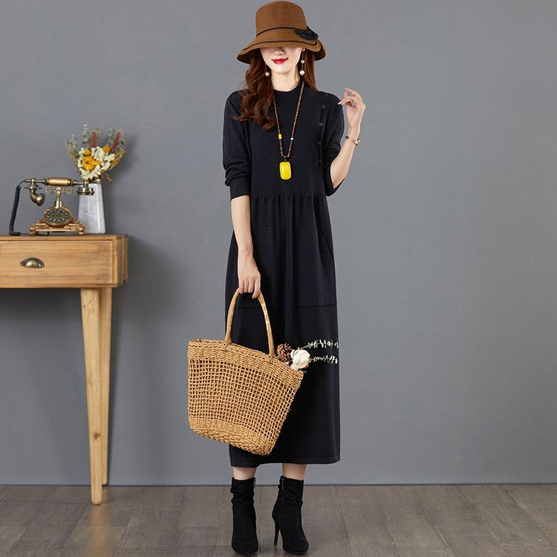 Autumn and Winter Knitted Sweater Skirt Women's Long Knee-length Bottom Skirt with Coat Inside and Outside Dress Pocket Long Skirt