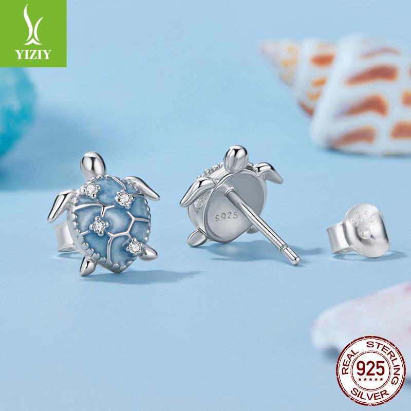 Boucles d'oreilles puces tortue bleue en argent sterling S925, Accessoires début de printemps Boucles d'oreilles puces en argent sterling
