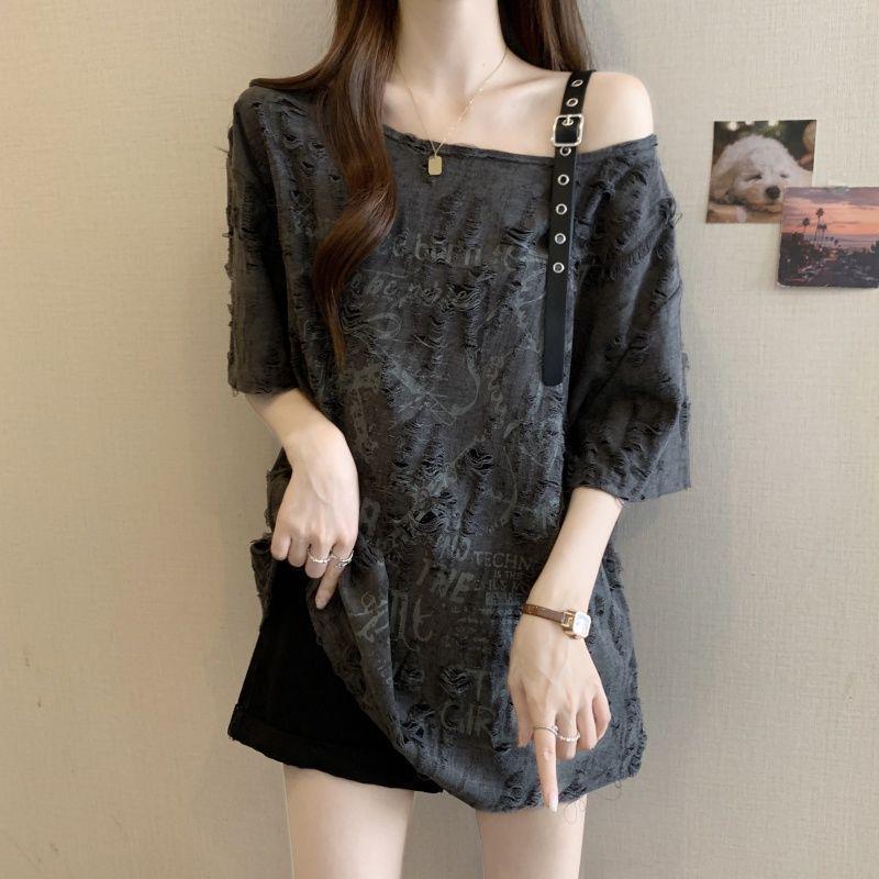Plus Size Off-the-Shoulder Ripped T-Shirt - Loose and Flattering Summer Top for Women
