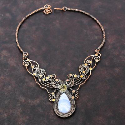 Blue Lace Agate Necklace Copper Wire Wrapped Necklace Adjustable Necklace Gemstone Necklace Copper Jewelry Gift For Women Handmade Necklace