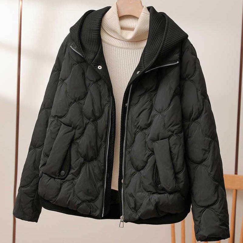Fake two-piece knitted splicing down jacket women's 2024 winter new fashionable high-end hooded white duck down jacket