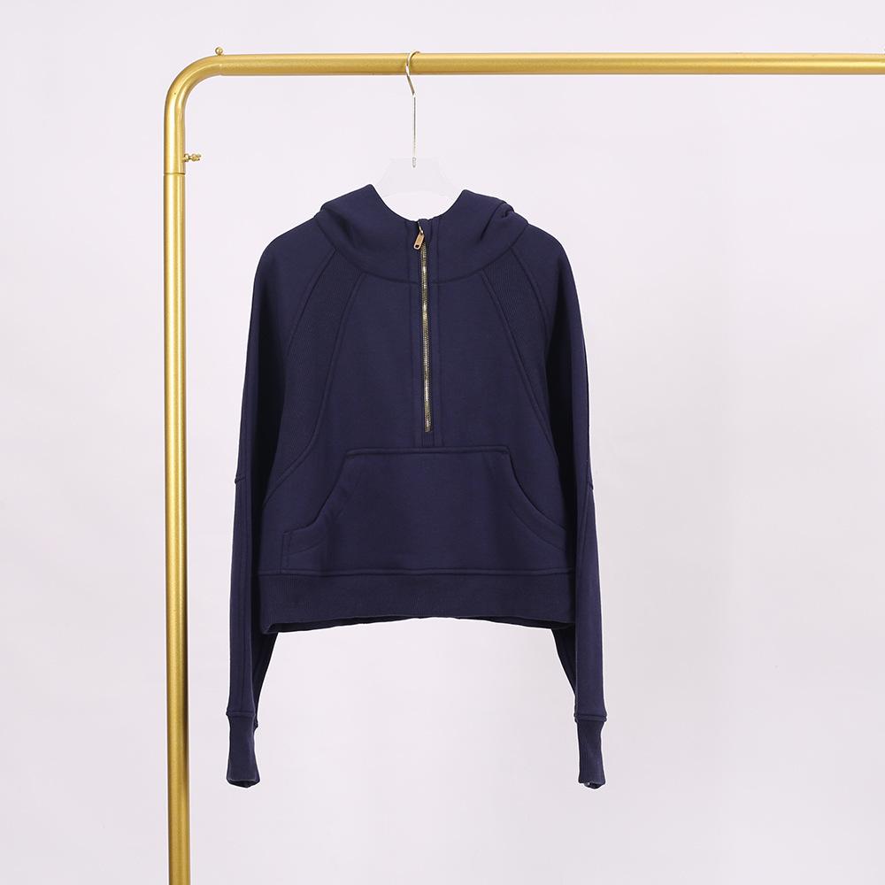 LULU Women's Hooded Half-Zip Terry Cloth Sweatshirt with Gold Logo & Zipper, Plus Velvet Yoga Wear
