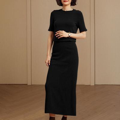 Women's Summer Skirt Set Short Sleeve Crew Neck Crop Top And High Waist Maxi Skirt