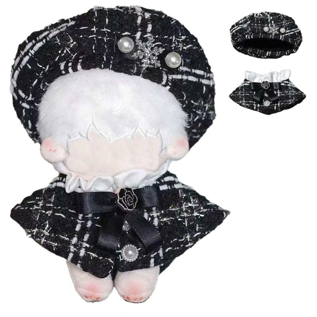 Tweed Beret & Cape for 10cm Dolls - Black Poncho, Hat, Cape, and Shawl Set - Check Pattern [Used]