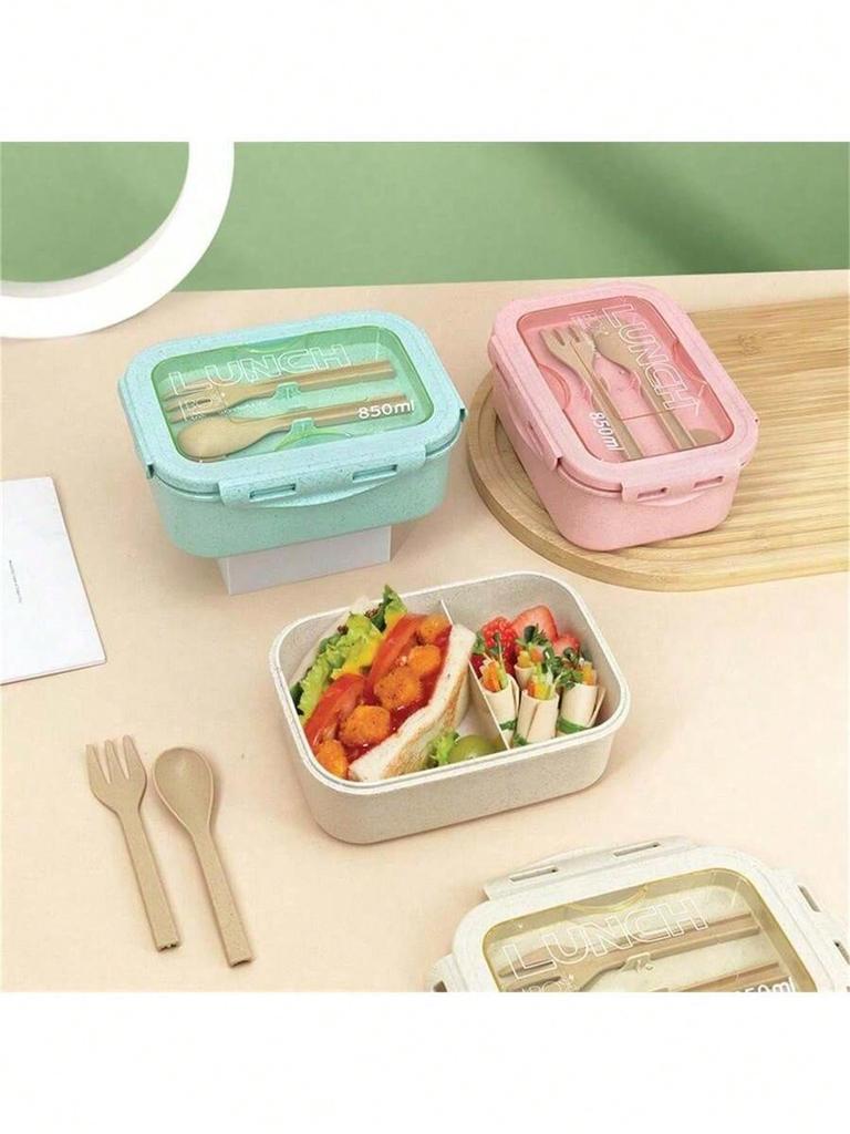 1pc lunch box with two compartments, built-in cutlery set, reusable and microwave heated (with lid removed), suitable for kitche