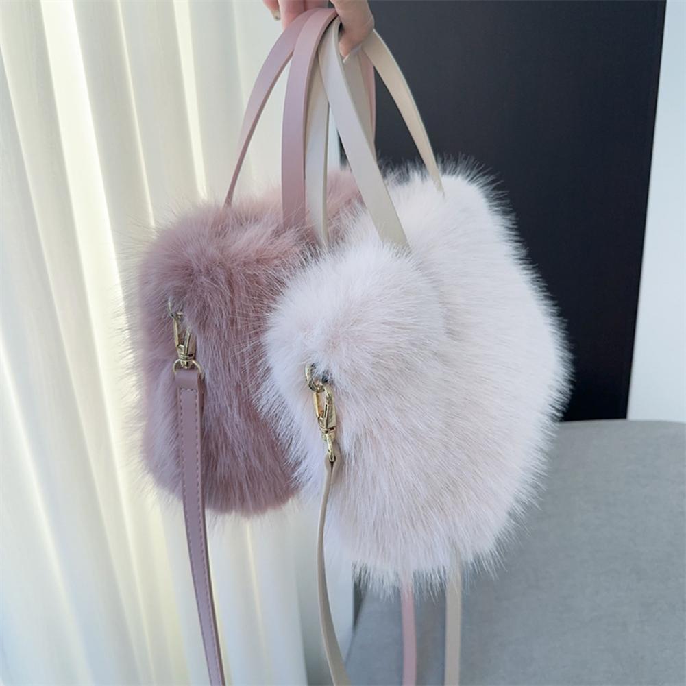 Women Faux Fur Handbag Fluffy Clutch Purse Solid Color Satchel Purse Adjustable Strap Mini Tote Bag for Travel Party