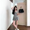2026 new gray slim-fitting short-sleeved dress for women's summer waist pleated A-shaped skirt for small people
