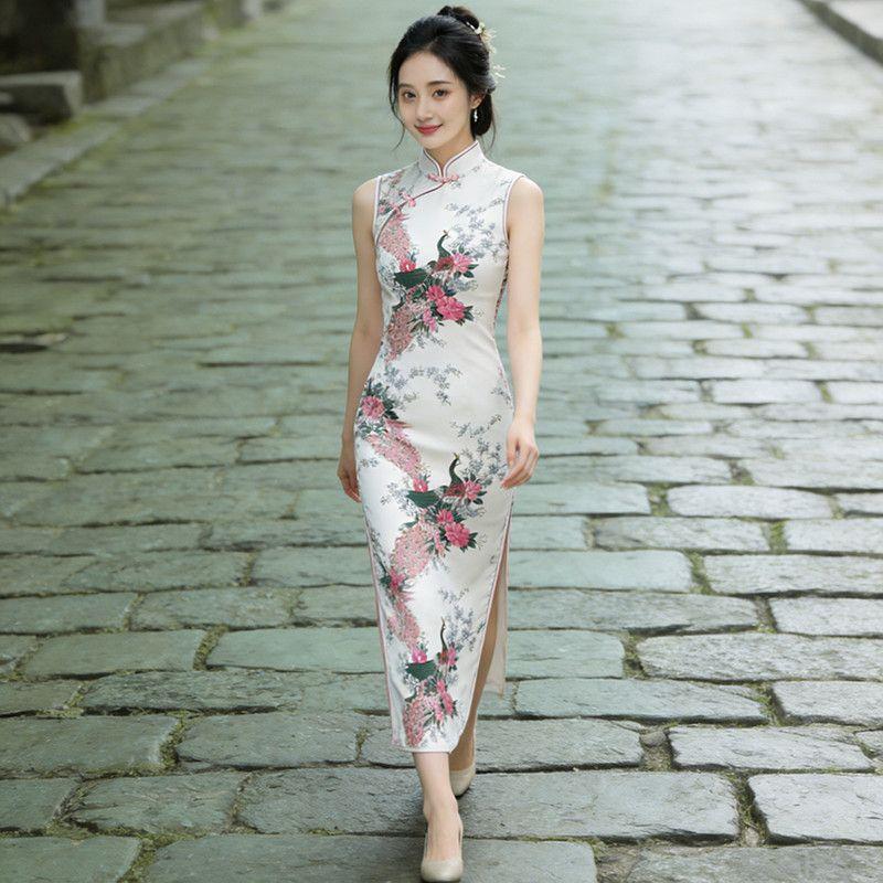 Women Sleeveless Modified Cheongsam, Vintage Floral Chinese Style Midi Qipao Dress, Elegant Formal Split Dress