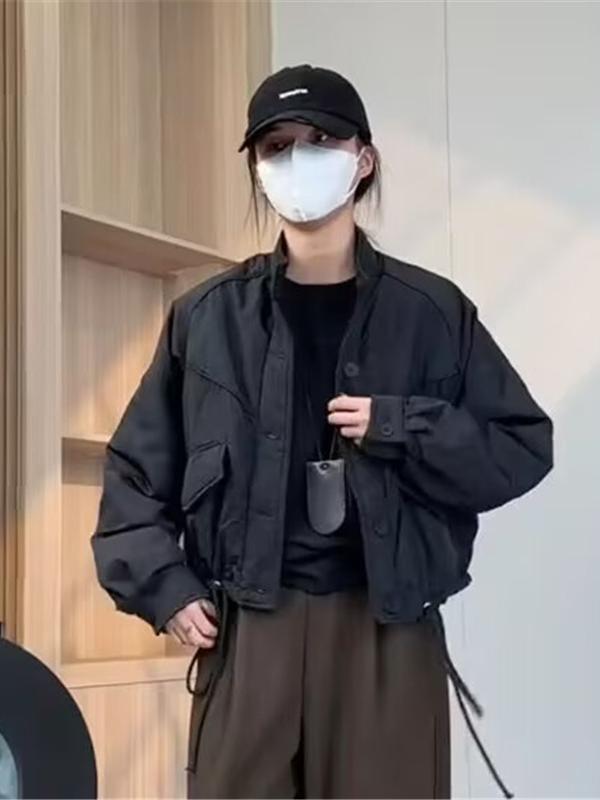 

Короткая куртка с воротником-стойкой для женской коллекции осень-зима 2025, новая, свободного кроя, маленькая, повседневная, модная, универсальная, тонкое хлопковое пальто S чёрный