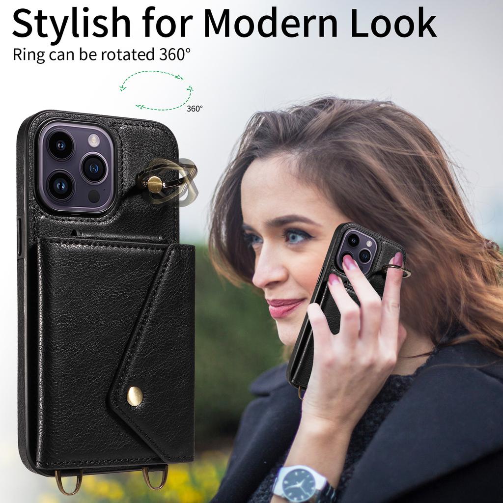 For iPhone 14 Series.for iPhone 14,14 Plus,14 Pro,14 Pro Max Shoulder Strap Rope Ring Bracket Design Card Holder Slots Lichee Pattern Cover Phone Case