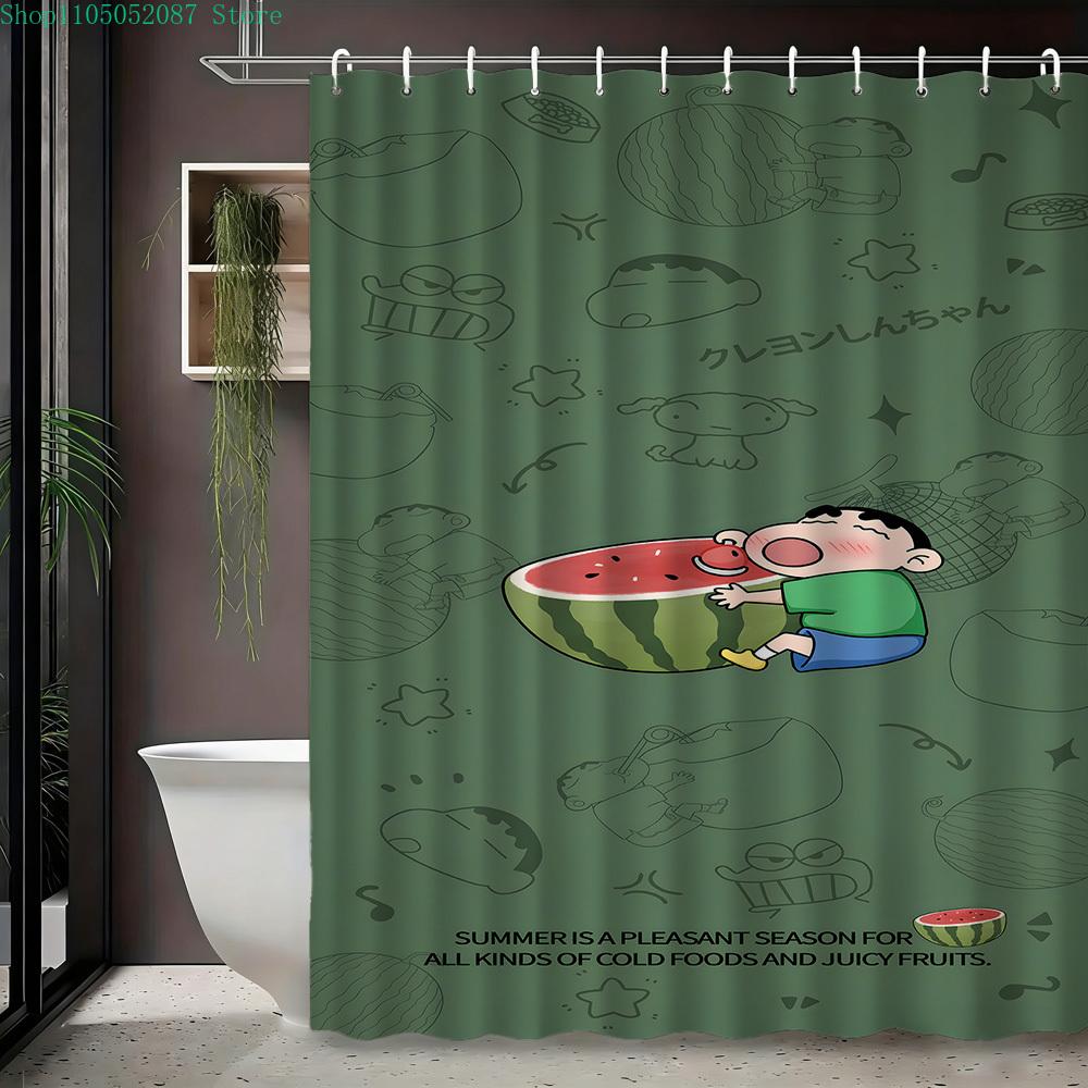 Crayon Shin-Chan Funny Character Scene 2D Print Waterproof Shower Curtain, Blue Bathroom Decor With Hooks