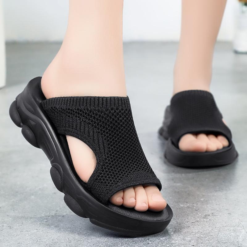 Shoes women's summer new foreign trade slope heel slippers women's thick-soled women's sandals mesh hollow breathable outside wear half drag