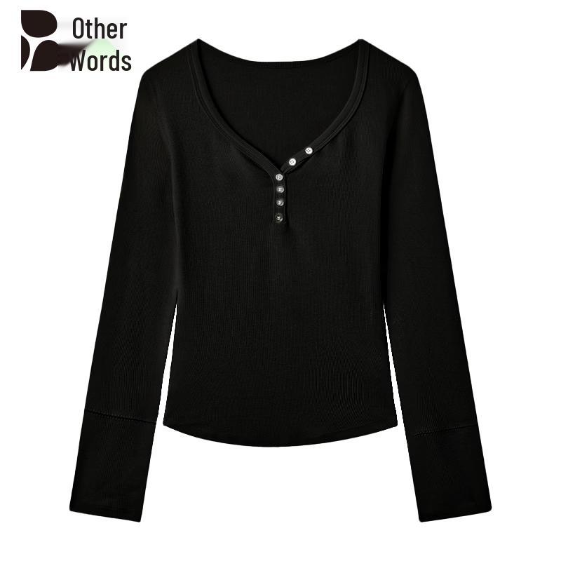 Women's Button V-Neck Long Sleeve Slim Fit T-Shirt