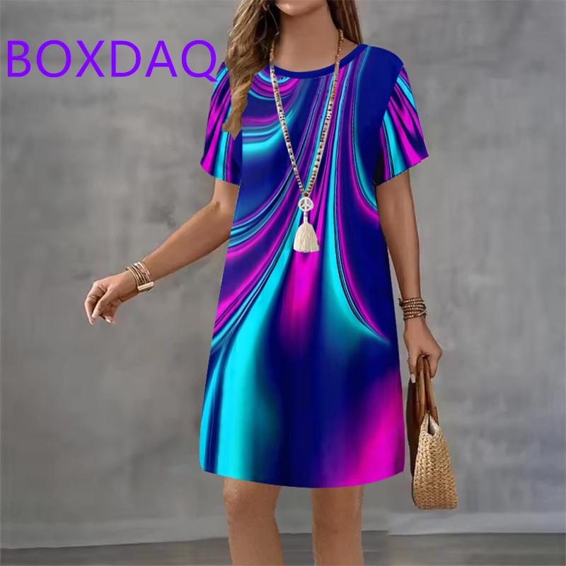Vintage 3D Gradient Print Pattern Women Dress Summer New Elegant Casual Short Sleeve Mini Dress XXS-3XL Loose Women A-Line Dress