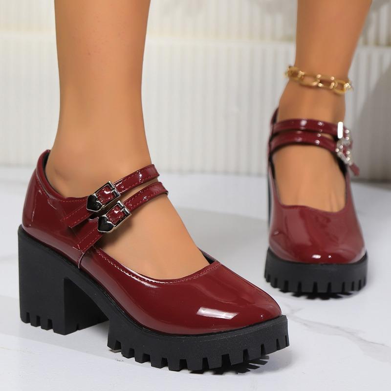 Fashion European and American High Heels 2024 New Solid Color Versatile Round Toe Thick Heel Single Button Women's Shoes Zapatos Mujer