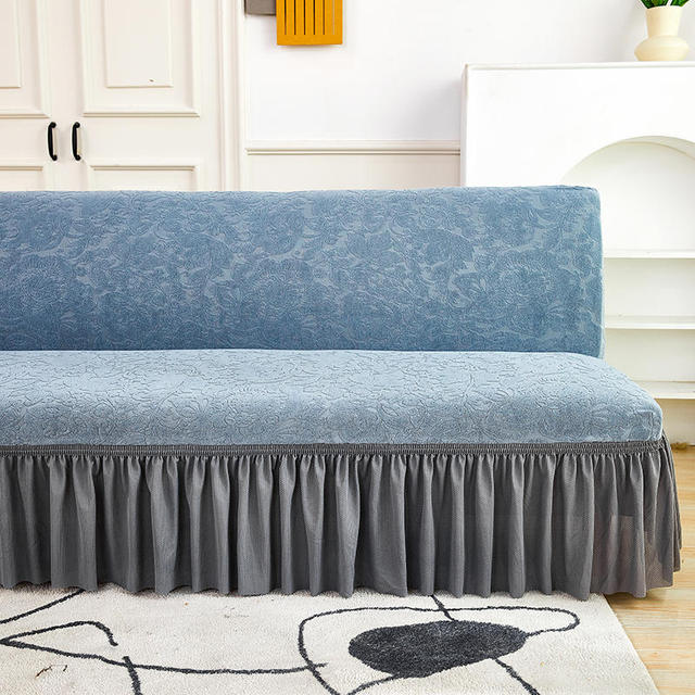 Velvet Jacquard Flower Grid Armless Sofa Cover Washable Elastic Slipcover Fitted Couch Bed Cover With Skirt