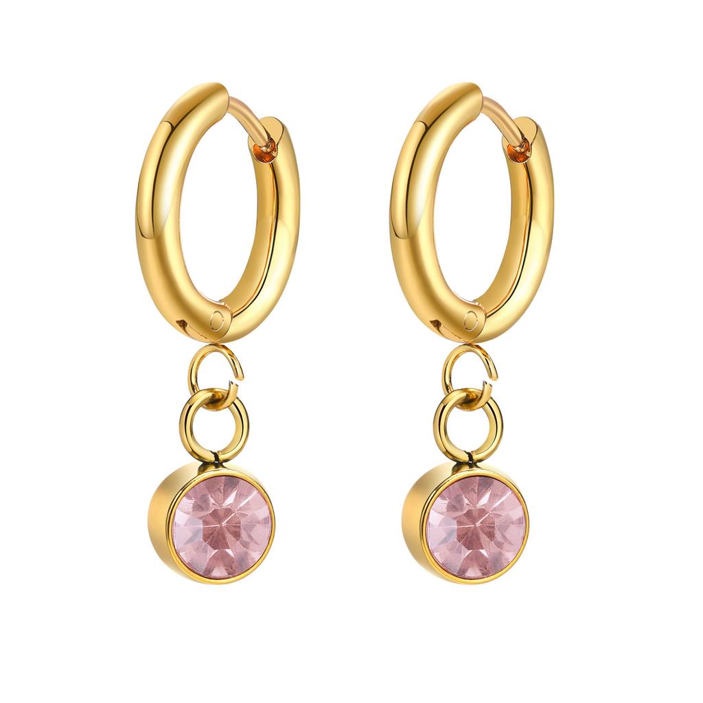 12 Colors Birthstone Huggie Earrings for Women, PVD Gold Color Tone Stainless Steel Brilliant AAA Cubic Zirconia Dangle Ear Clip