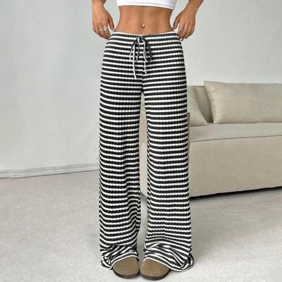 Women Pants Casual Wide Leg Trousers Elastic Waist Adjustable Drawstring Striped Design Loose Fit Trousers Daily Wear