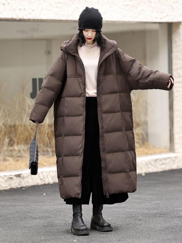 Dam 2025 Vinter Lång Dunjacka med Huva - Koreansk Stil, Tjock, Enfärgad, Kappa över Knäna