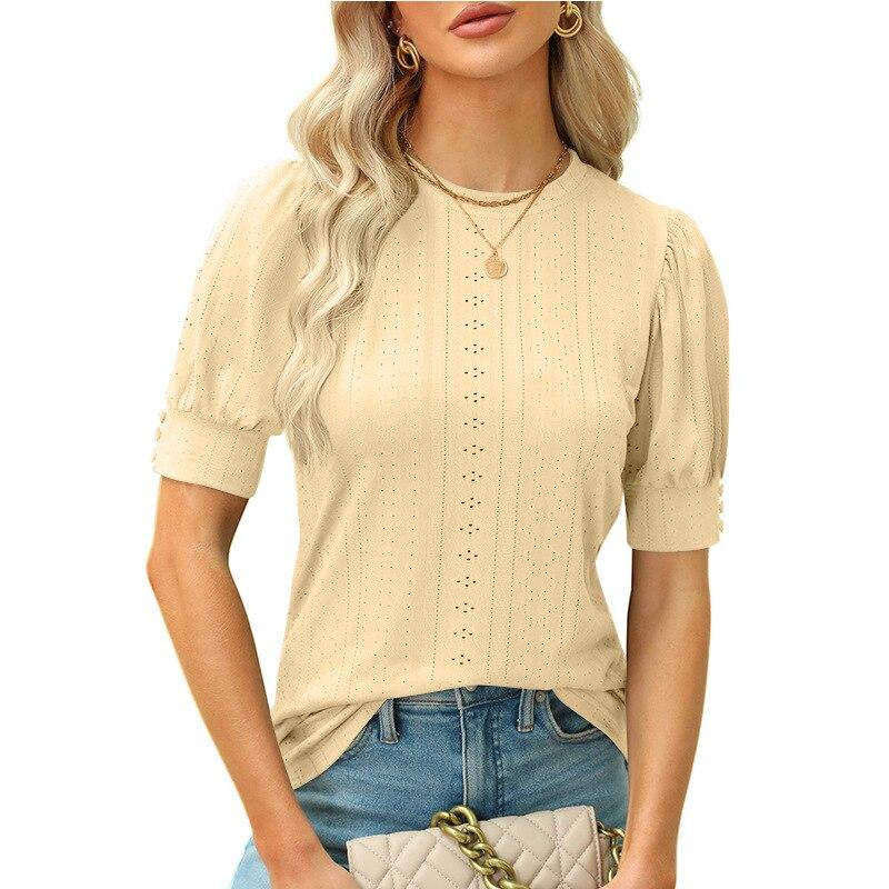 

2026 Summer O-Neck Hollow Out Shirts Ladies Button Short Sleeve Casual Blouses Women Elegant Sweet Tops Fashion Blusas 25189 XXL жовтий