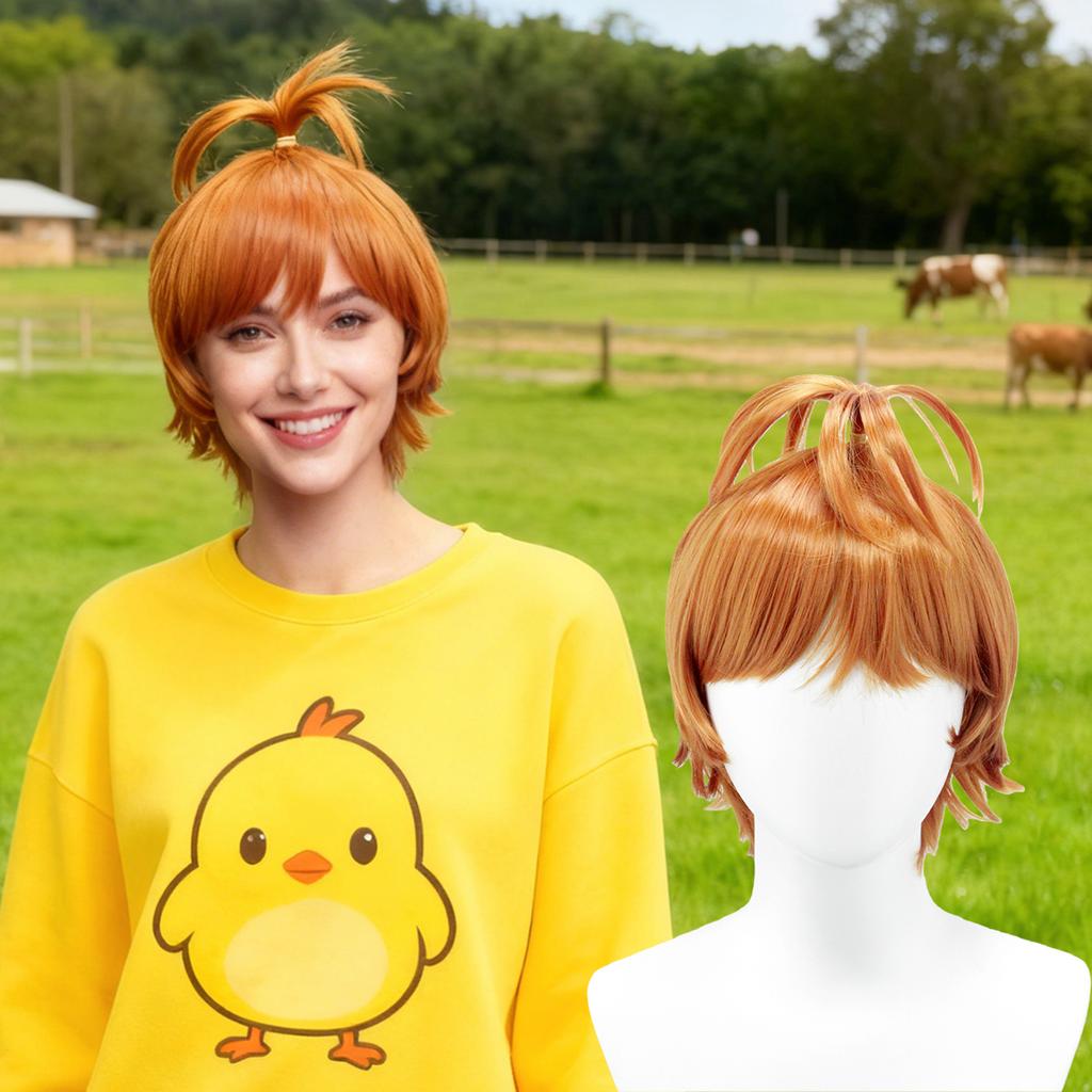 Orange-Brown Top Double Pony Braid Up Wig Bangs Fluffy Layered Glossy Soft Spunky Cosplay Personal Style synthetic wig