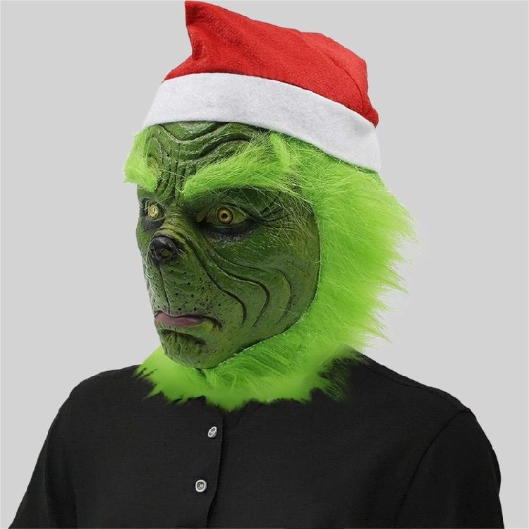 Mostri Verdi di Natale Costume di Babbo Natale Costume Cosplay di Halloween Maschera Integrale in Lattice Maschera Mostri Verdi Guanti