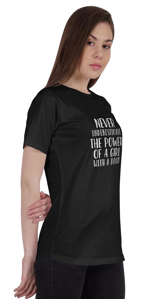 Inkmeso Womens Quote Top   Never Underestimate The Power Of A Girl With A Book   Graphic Print Tee