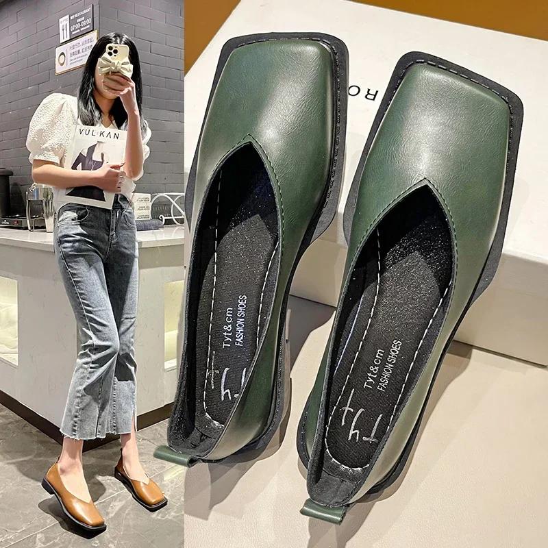 2025 Flat Shoes Women Square Toe Single Shoes Simple Temperament Leather Shoes Spring Autumn 4 Colors