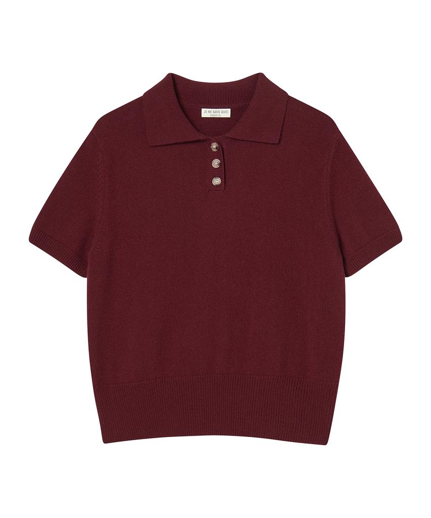 JE NE SAIS QUOI Cashmere Short Sleeve Polo Knit_ Burgundy