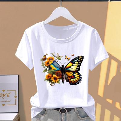 (Asian Size) Short Sleeve T-shirts T Butterfly Flower Lovely Trend Cute Clothing Casual Fashion Print Female Casual Women's Top Graphic Tee