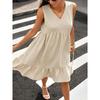 Ladies' Casual And Fashionable Color V-neck Loose Pocket Pleated Sleeveless Dress