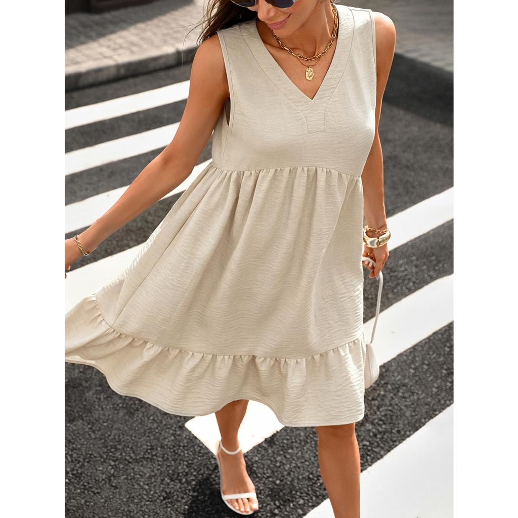Ladies' Casual And Fashionable Color V-neck Loose Pocket Pleated Sleeveless Dress
