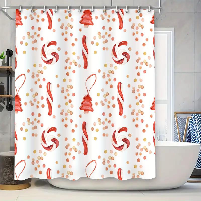 

Christmas Shower Curtain Bathroom Decor Red White Candy Cane Floral Pattern Waterproof Polyester Fabric Home Accessories Bl W60H190(CM)-1 Pcs