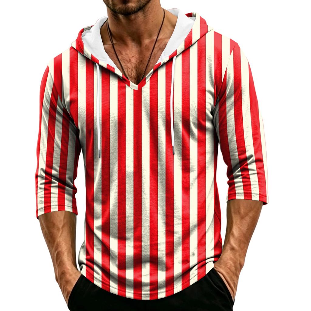 Men's Casual Hooded Striped Three-Quarter Sleeve T-Shirt