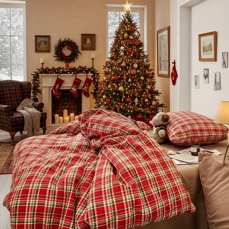 Christmas Style 3/4pcs Simple Plaid Bedding Set Skin-friendly Breathable Quilt Cover Machine Washable Home Bedroom Guest Room